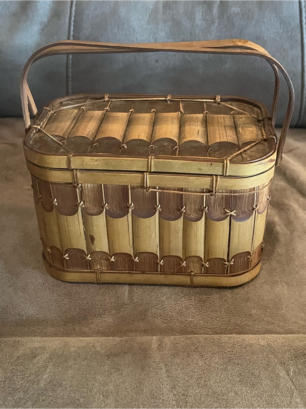 Handwoven Bamboo  mini Picnic Basket - Natural Two-Tone
